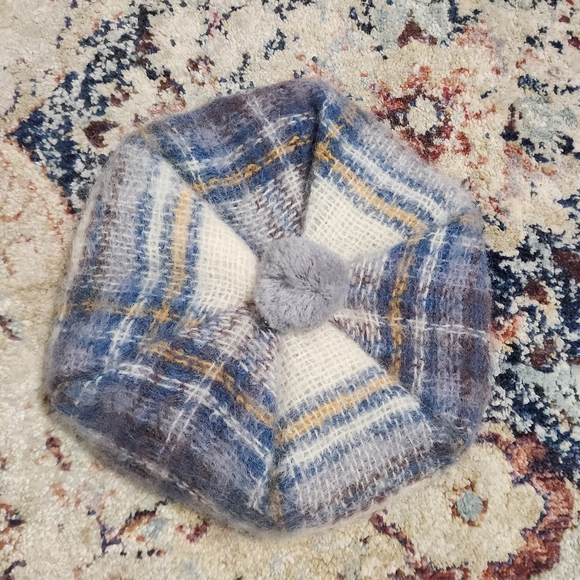 Vintage Woolmark 100% Wool Lined Tam Beret Pom Pom Hat Plaid Blue - Picture 3 of 10